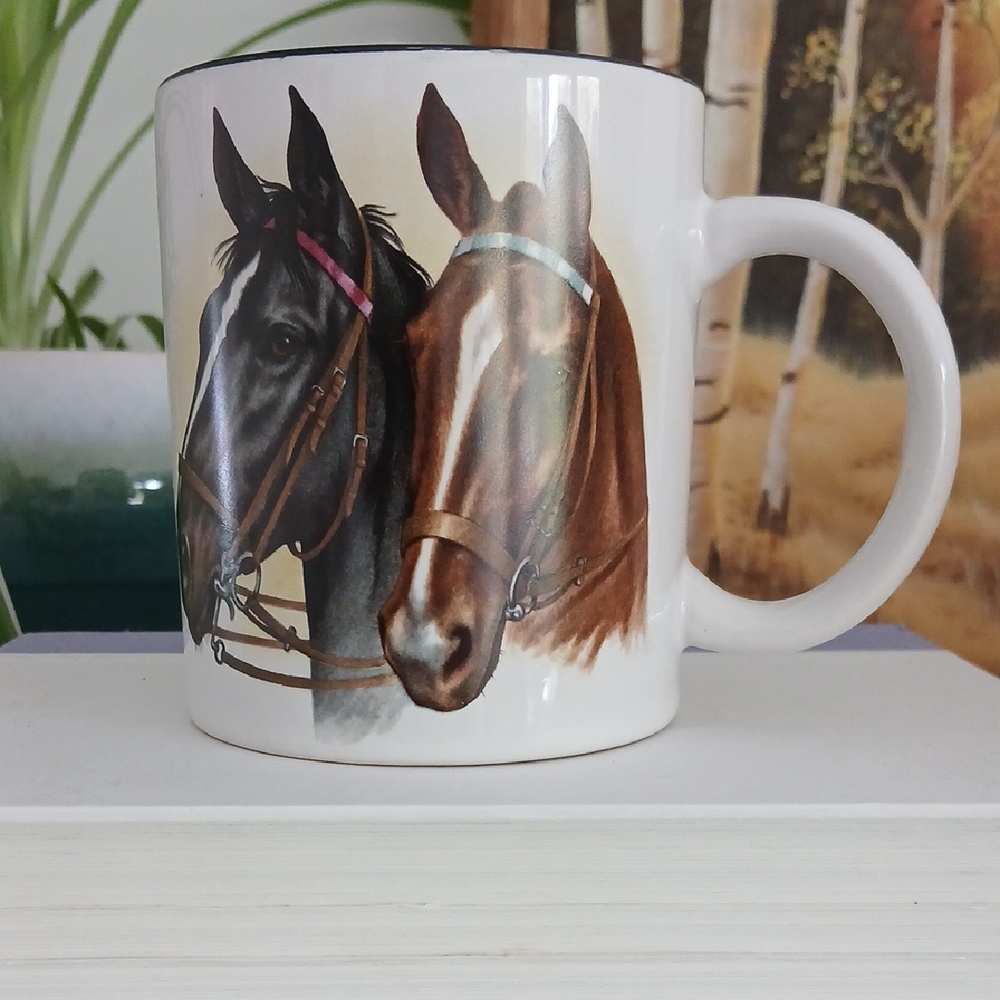 Horses Coffee Mug Equestrian Black Brown Horses Bridled Black Interior 10 oz